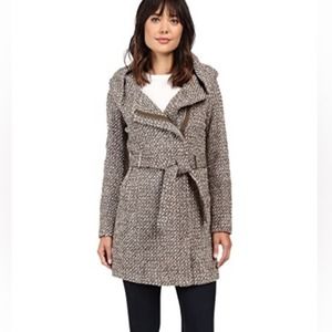 Calvin Klein Womens Tweed Jacket Size Medium Hooded Belted Wool Classic Warm